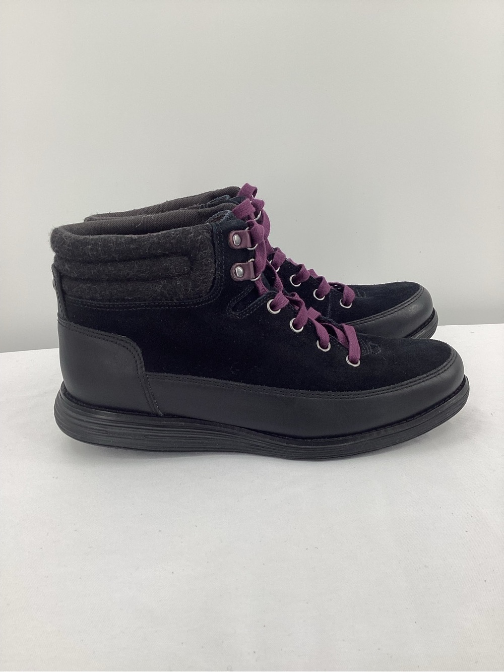 Cole Haan Hiker Grand Black Suede Lace-Up Ankle Boots with Purple Laces